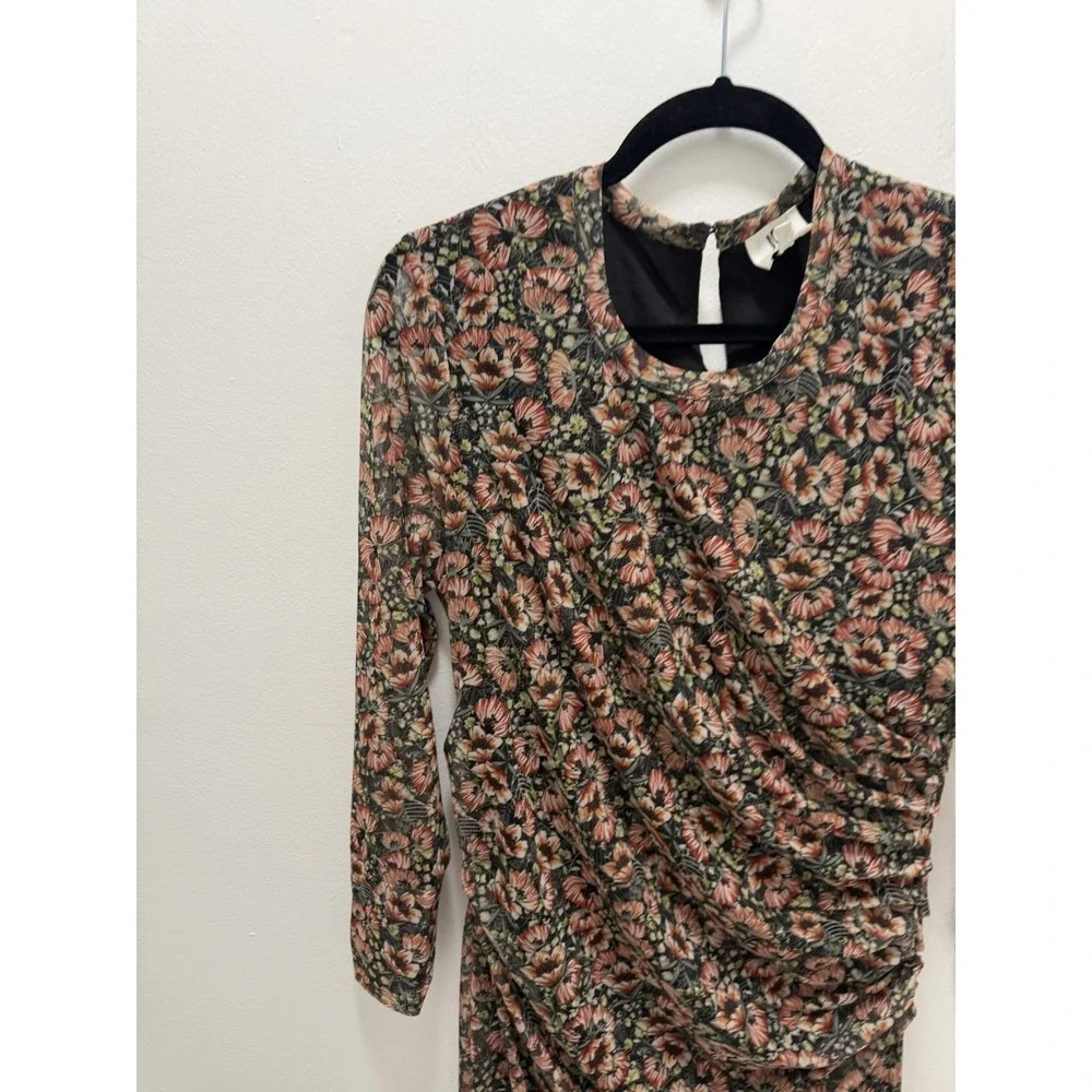 DRA Los Angeles Floral Mesh Ruched Maxi Dress Size L Long Sleeve Bodycon Boho